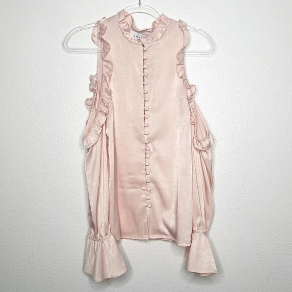 L'ACADEMIE Cold-Shoulder Ruffle Satin Blouse Button Front Pink Womens Size S NWT - Picture 3 of 8